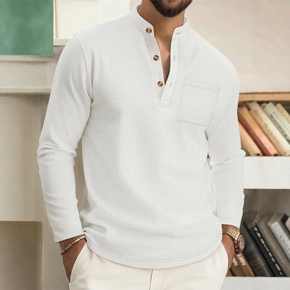 Herren Langarmshirt Stehkragen Modern Knöpfe Schwarz - BerlinGlamour