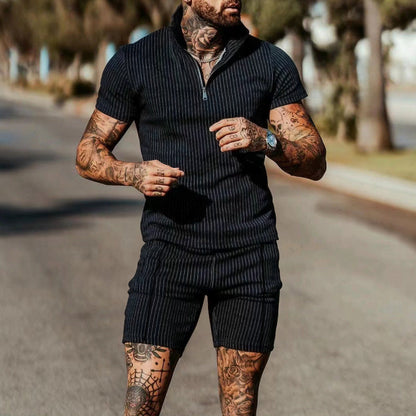 Herren Jumpsuit Kurzarm Modern Gestreift Reißverschluss