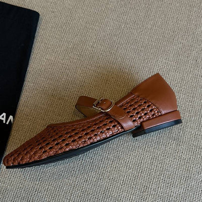Damen Ballerinas Geschlossene Riemen Schuhe Geflochtene Oberfläche