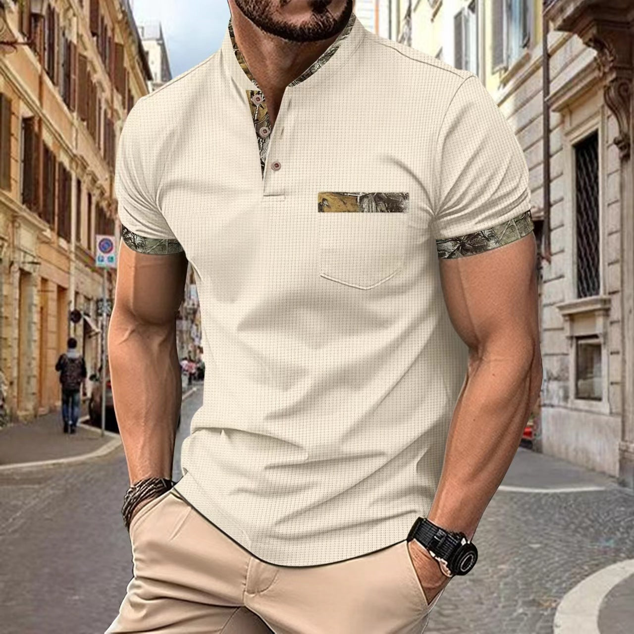 Herren Kurzarmhemd Floralmuster Modern Stehkragen - BerlinGlamour