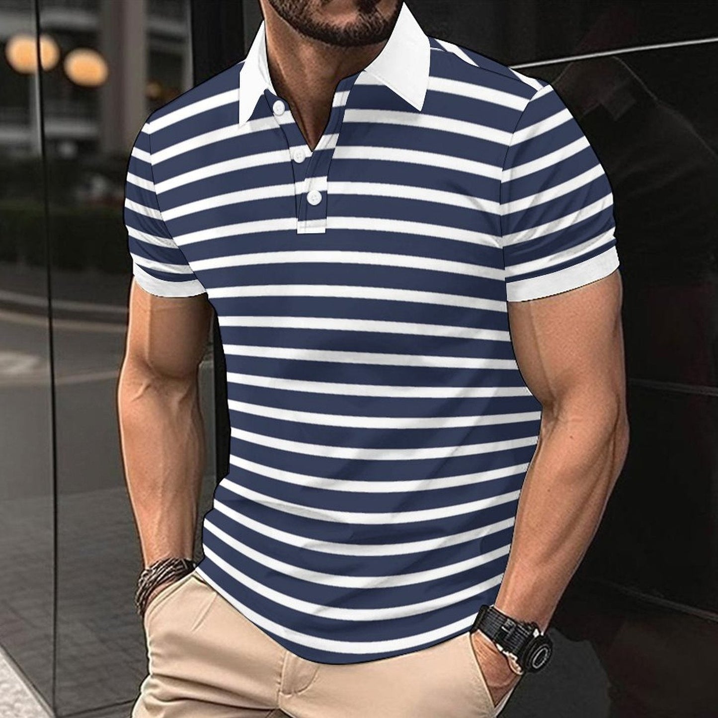 Herren Polo-Shirt Streifenmuster Marineblau Kontrastkragen