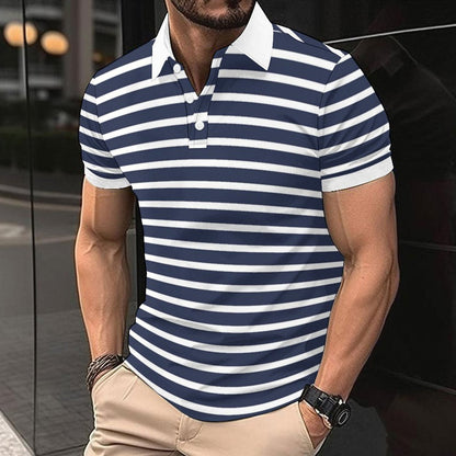 Herren Polo-Shirt Streifenmuster Marineblau Kontrastkragen