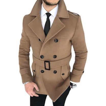 Herren Mantel Elegant Melton mit Gürtel Schwarz Modern