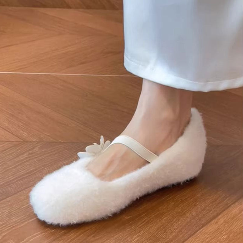 Damen Ballerinas Flauschig mit Schleife Schwarz