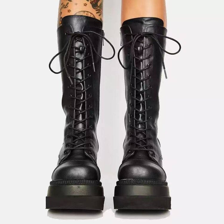 Damen Schnürstiefel Urban Style Stabiler Sohle Schwarz
