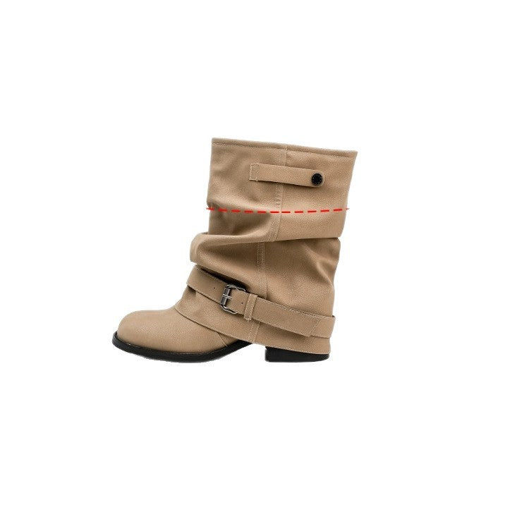Damen Stiefeletten Lässig Falten Design Schnalle Elegant