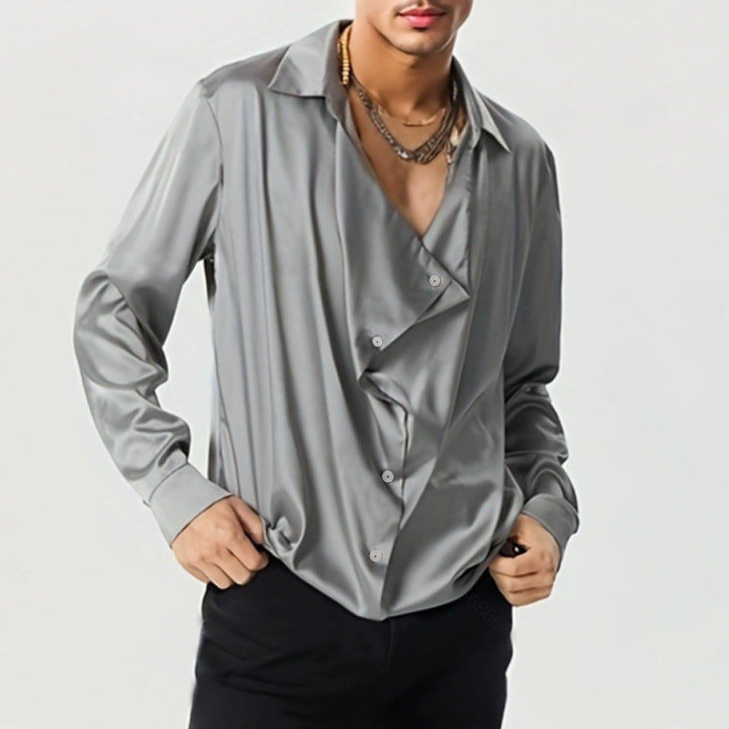 Herren Elegantes Langarmhemd mit drapierter Knopfleiste und seidigem Finish BerlinGlamour wird zu Elegantes Langarmhemd mit Knopfleiste