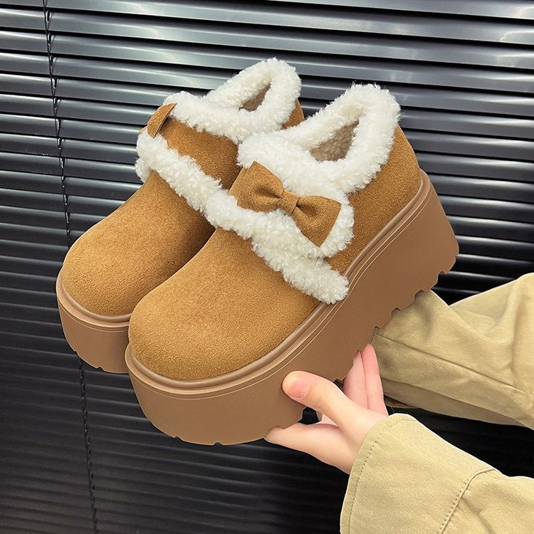 Damen Plateau-Pantoletten Flauschig Warm mit Schleife - BerlinGlamour