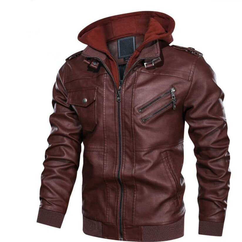 Lederjacke Herren mit Kapuze und Reißverschlusstaschen Schwarz