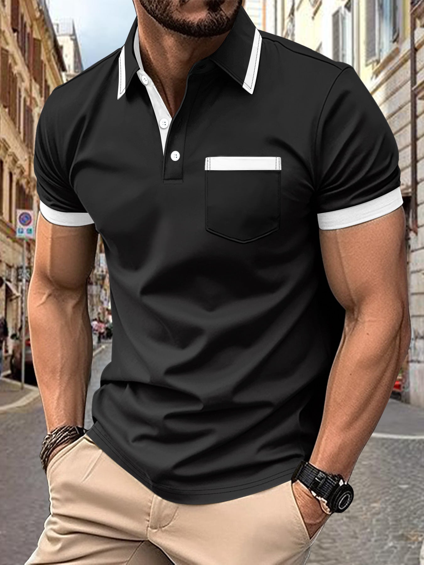 Herren Polohemd Kurzarm Modern Kontrast