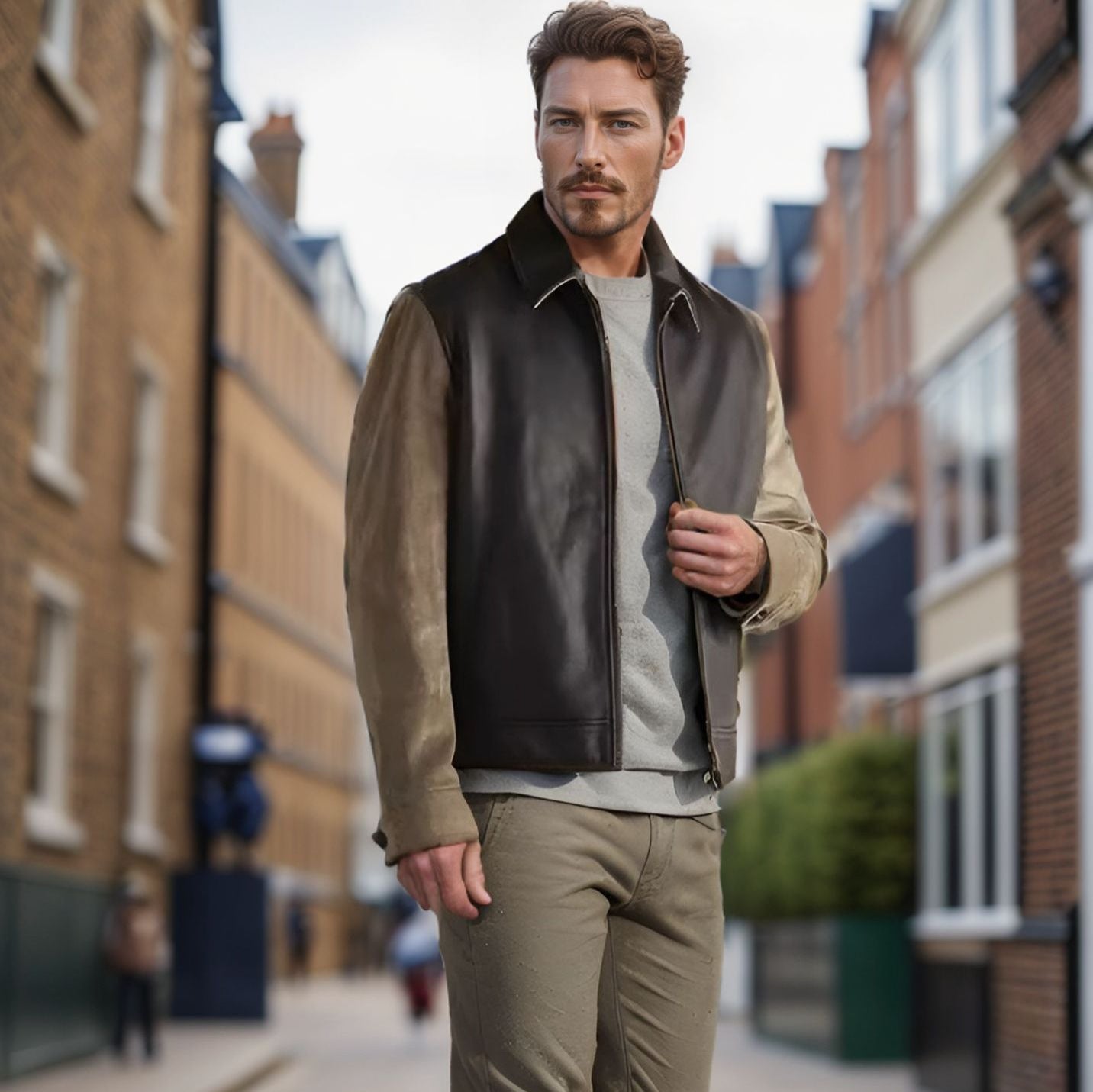 Herren Lederjacke Bikerstyle Mit Cord Ärmeln Elegant Schwarz - BerlinGlamour