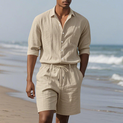 Herren Leinenhemd mit Henley Kragen und Brusttasche Sommer