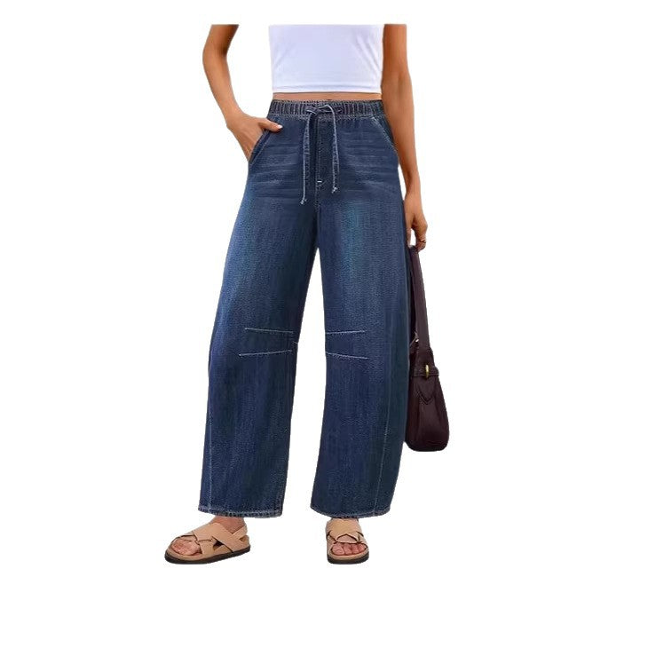 Damen Jeanshose Weite Bein Elastischer Bund