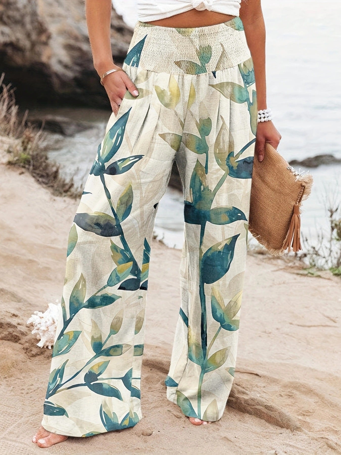 Damen Strandhose Weit Bequem Elastisch Floral