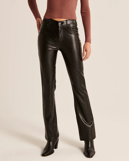 Damen Hose Kunstleder Geradbein Schwarze Stretchhose