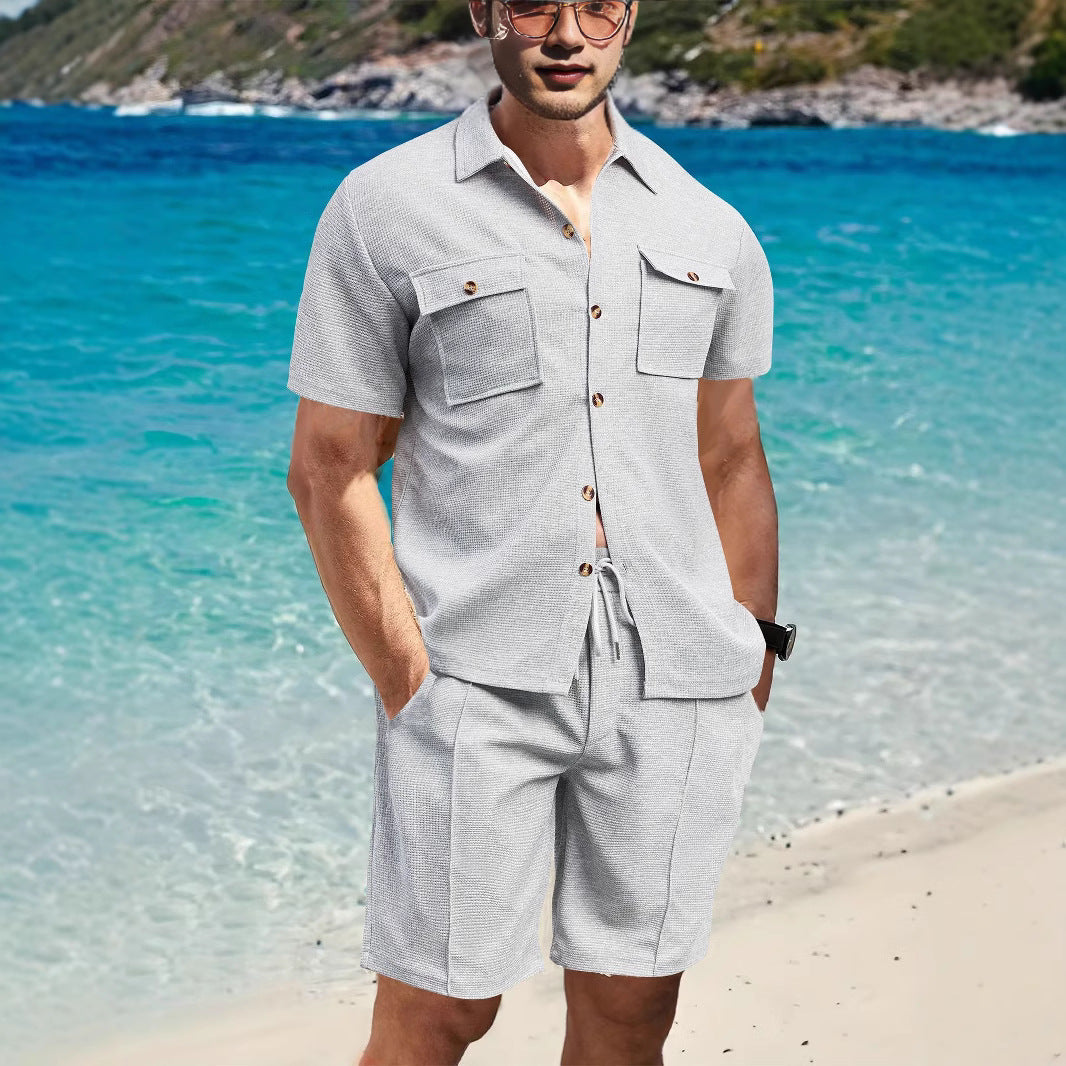 Herren Strandoutfit Shorts Hemd Set mit Taschen Sommer