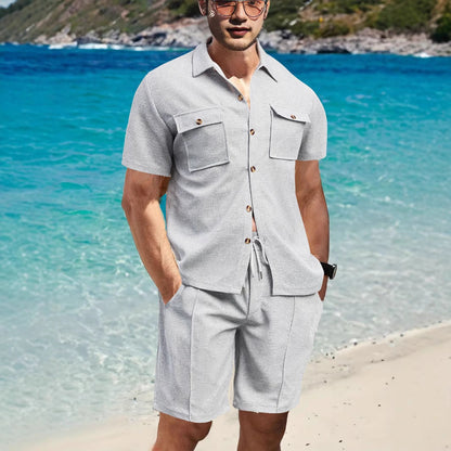 Herren Strandoutfit Shorts Hemd Set mit Taschen Sommer