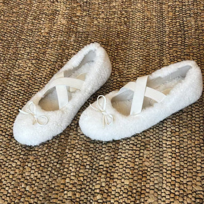 Damen Ballerinas Weich Plüsch Schleifen Detail