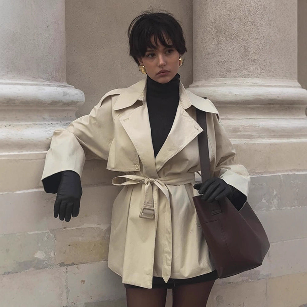 Damen Trenchcoat Kurzjacke Modern mit Taillengürtel und Taschen