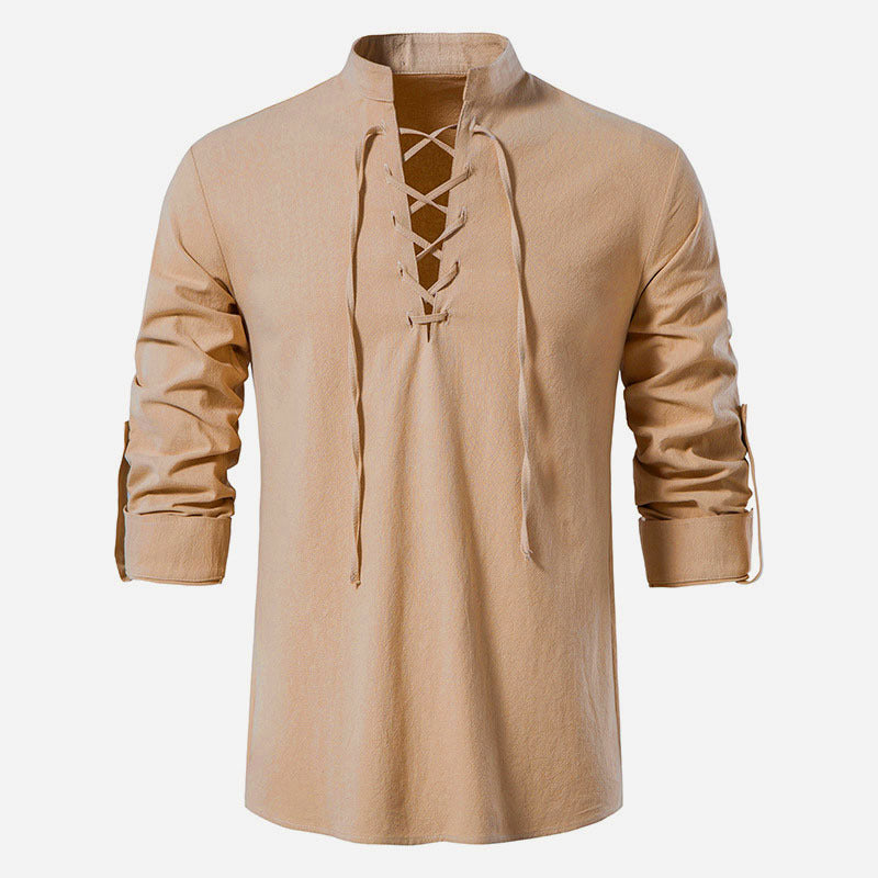 Herren Langarmhemd Modern Schnürfront Baumwolle