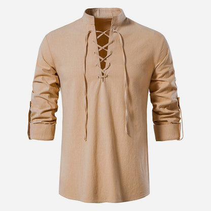 Herren Langarmhemd Modern Schnürfront Baumwolle