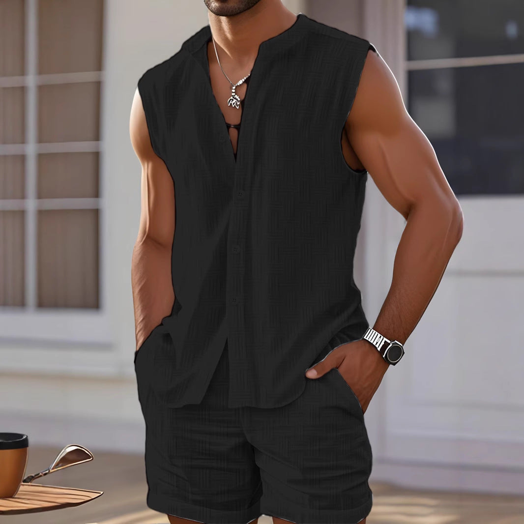 Männer Ärmellos Hemd Set Casual Knopf Oberteil