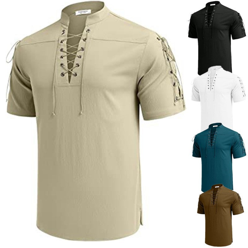 Herren Kurzarmhemd mit Schnürung Lässig Trendy - BerlinGlamour