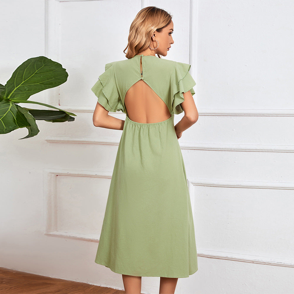 Damen Kleid V-Ausschnitt Rüschen Midikleid Elegant