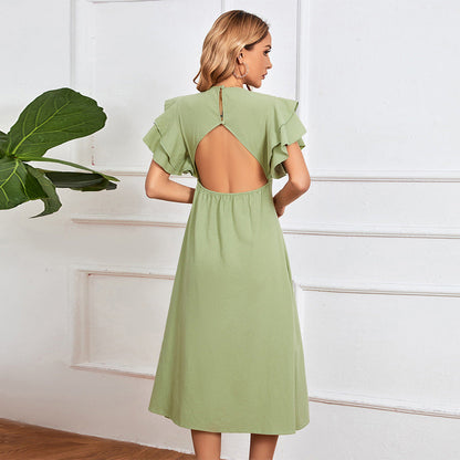 Damen Kleid V-Ausschnitt Rüschen Midikleid Elegant