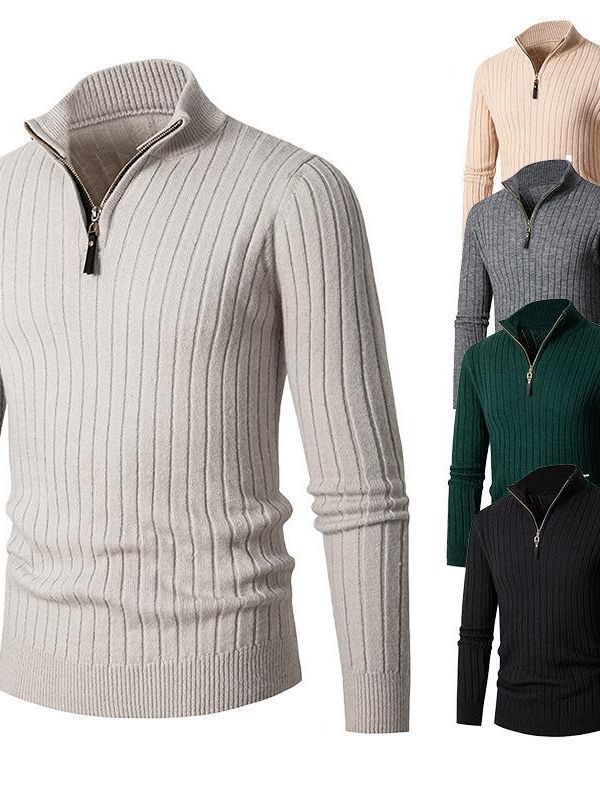 Herren Pullover Stehkragen Rippdesign Modern Schwarz - BerlinGlamour