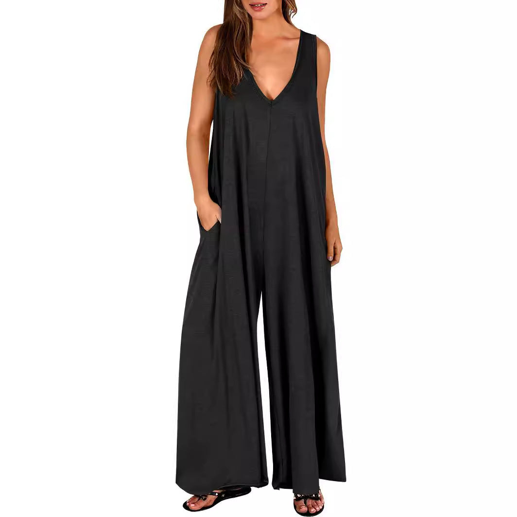 Damen Jumpsuit Locker Mit V-Ausschnitt Und Taschen