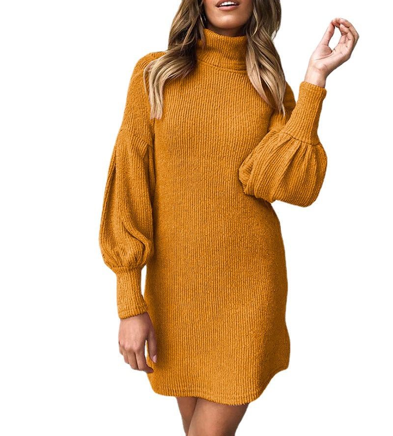 Damen Rippstrick Kleid Kuschelig mit Puffärmeln und Hochkragen