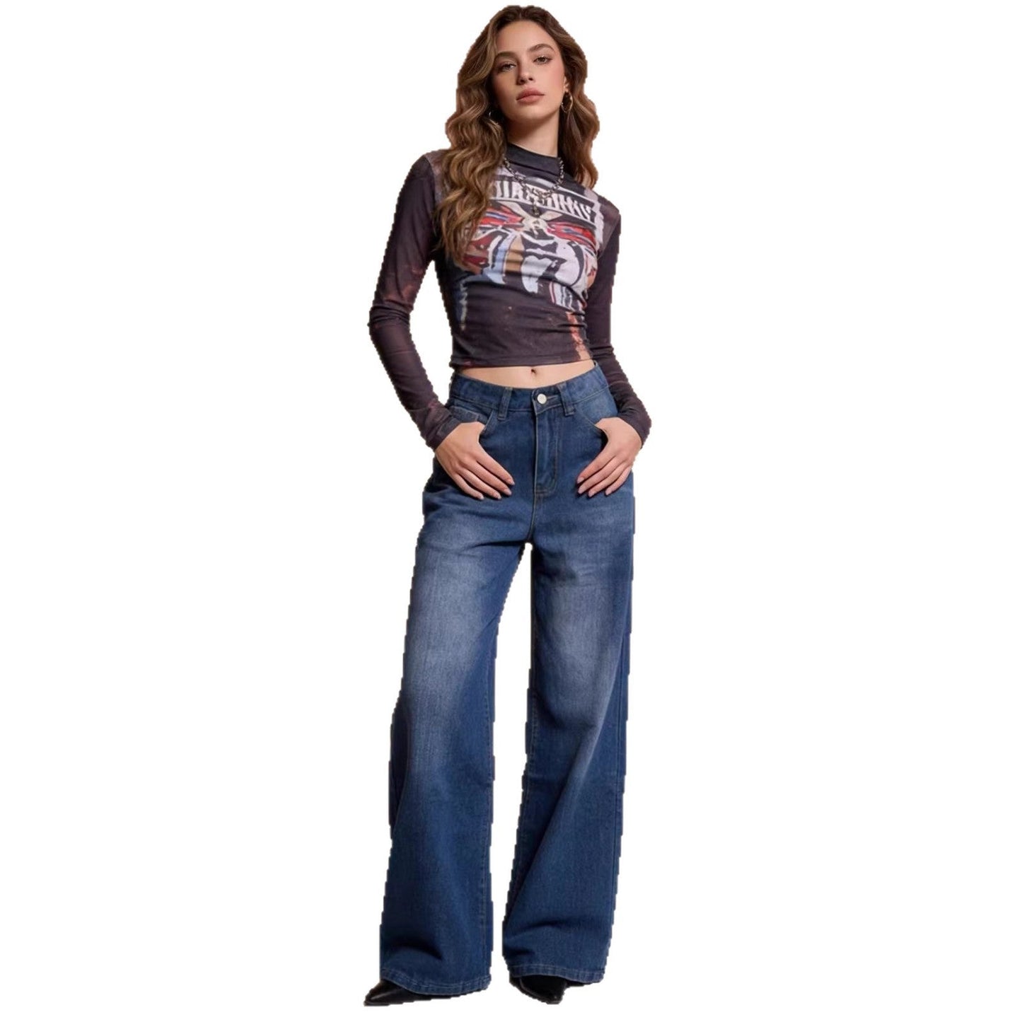 Damen High-Waist Jeans Klassisch Weite Bequem
