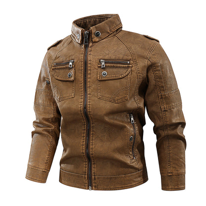Herren Lederjacke Bikerstil Mit Taschen Schwarz