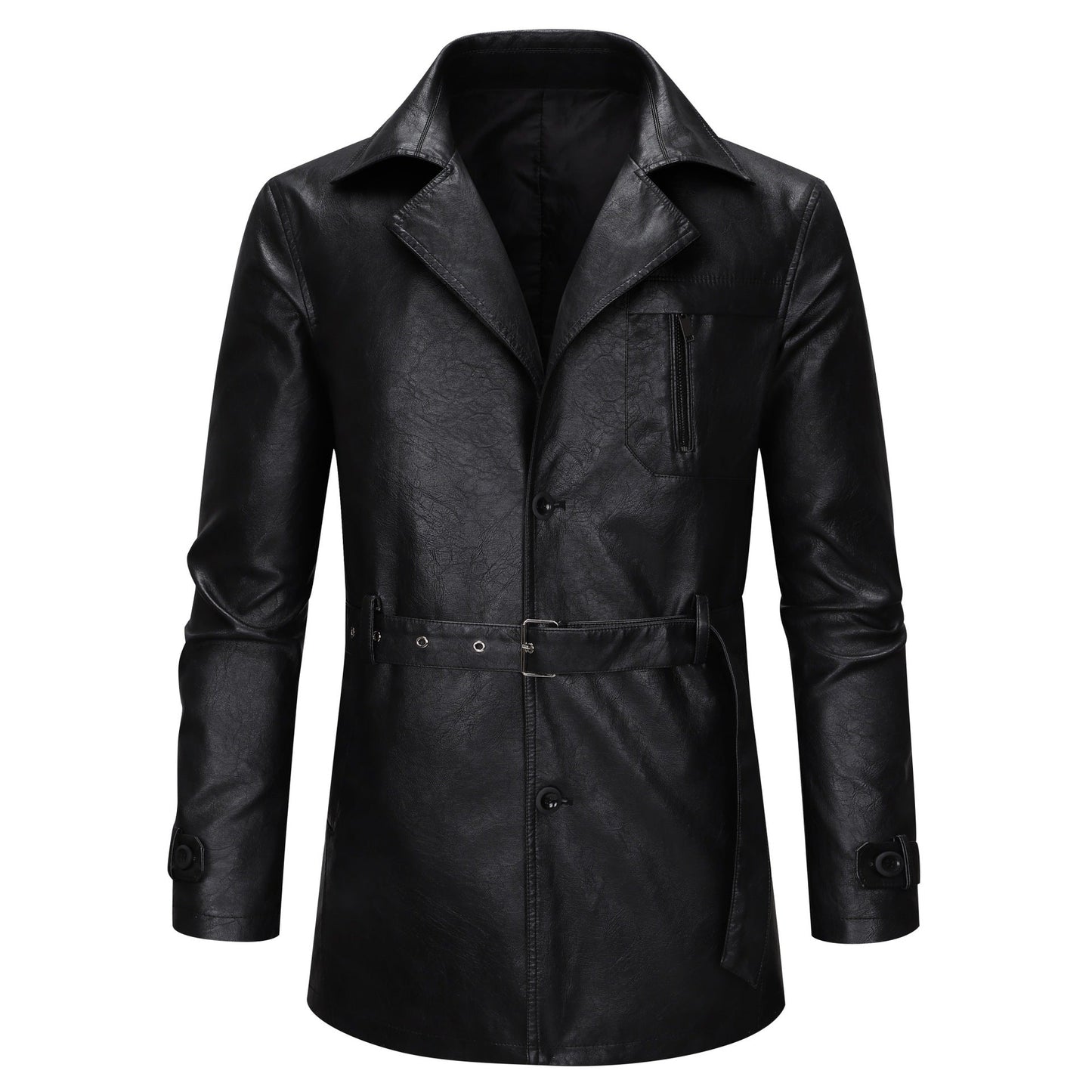 Herren Lederjacke Modern mit Gürtel und Taschen Schwarz