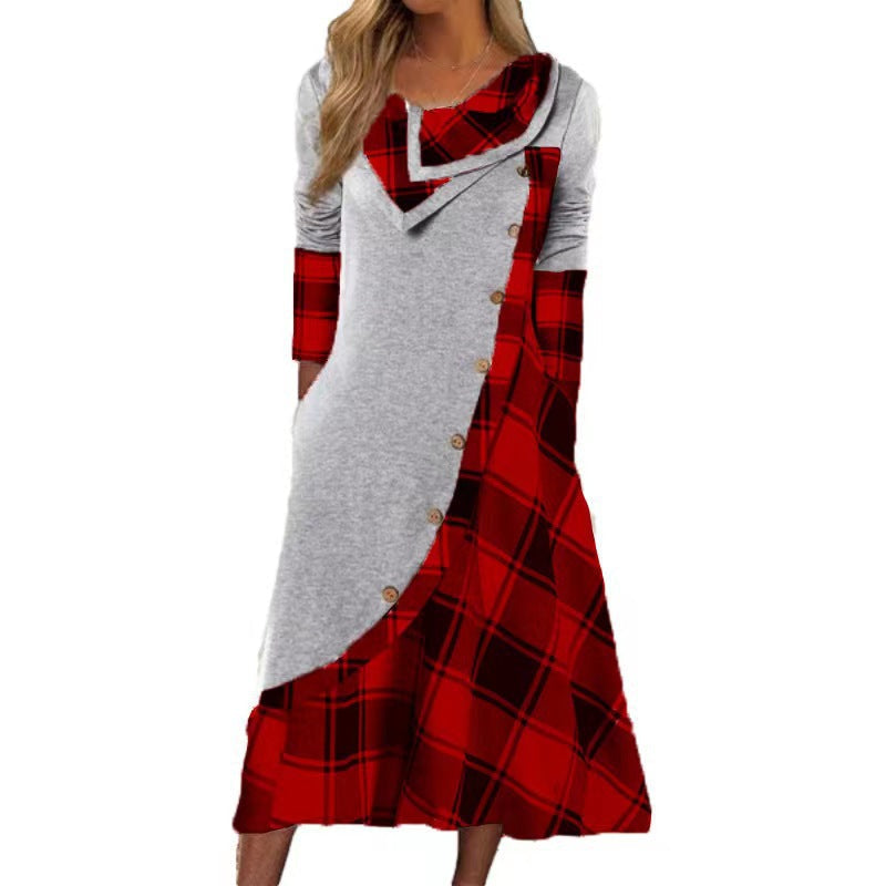 Langarmkleid mit Plaid Muster und Knopfverschluss