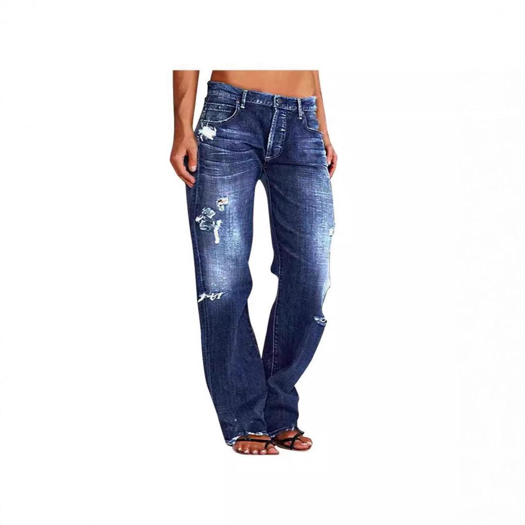 Damen Jeans Weitbein Destroyed Lässig Freizeit