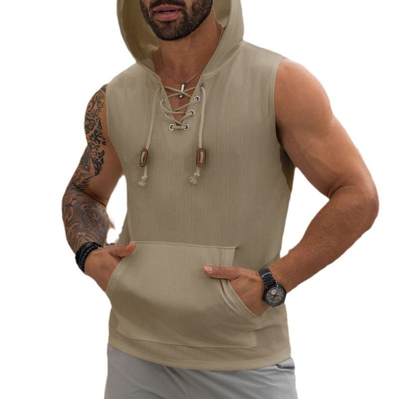 Herren Kapuzen-Shirt Ärmellos Schnürung Sportlich