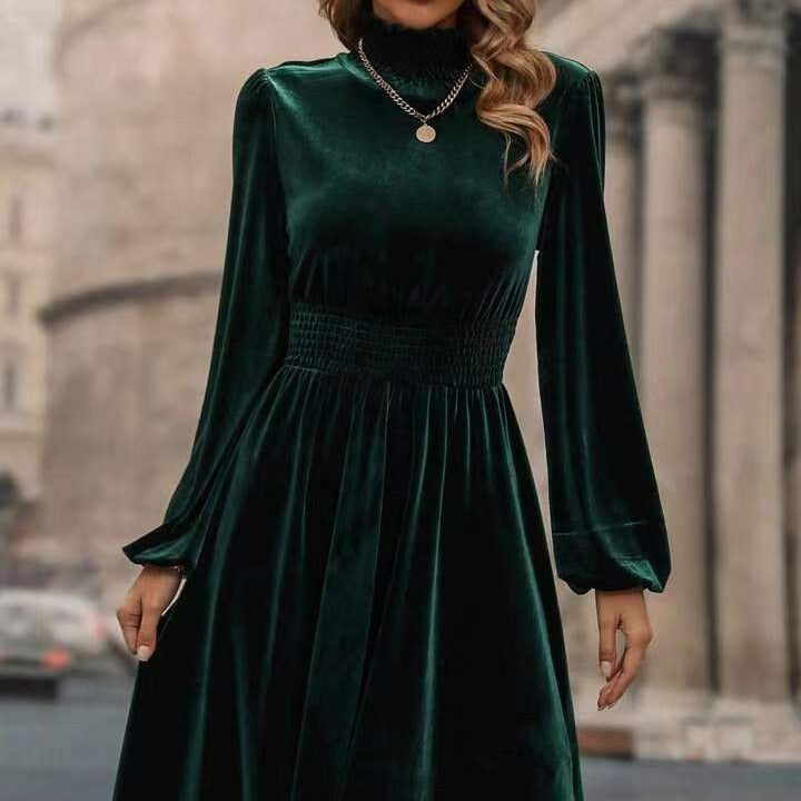 Elegantes Damen Samtkleid Langärmlig Hochgeschlossen