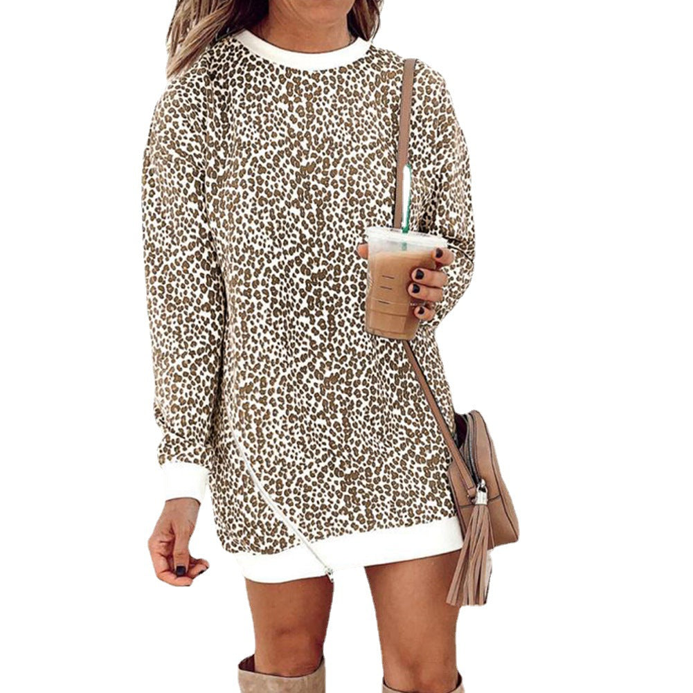 Damen Sweatkleid Lässig Leopardenmuster Weite Passform