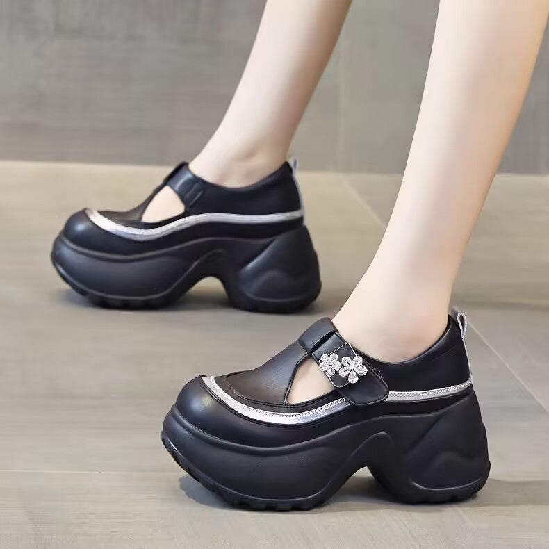 Damen Schnürschuhe Chunky mit Riemen Blüten Applikationen