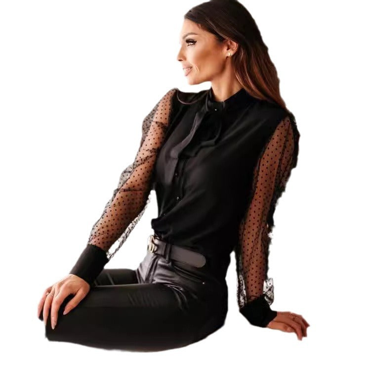 Damen Bluse Transparent Ärmel Elegante Bluse mit Schleife