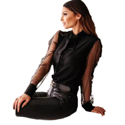 Damen Bluse Transparent Ärmel Elegante Bluse mit Schleife