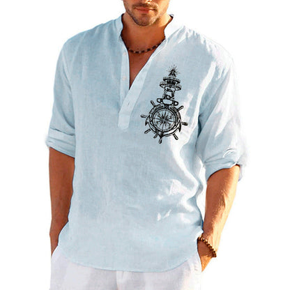 Herren Leinenhemd Steuerrad Design Maritim Stylish