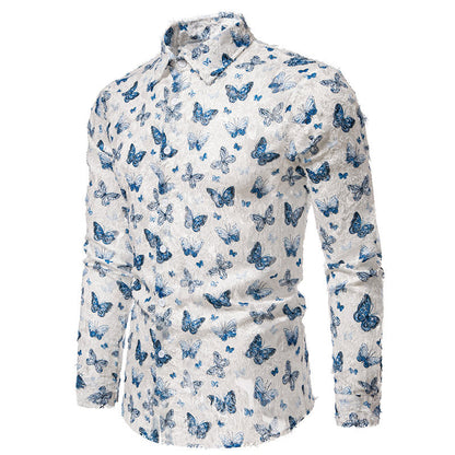 Herren Hemd Langarm mit Schmetterlingsmuster Baumwolle Modern