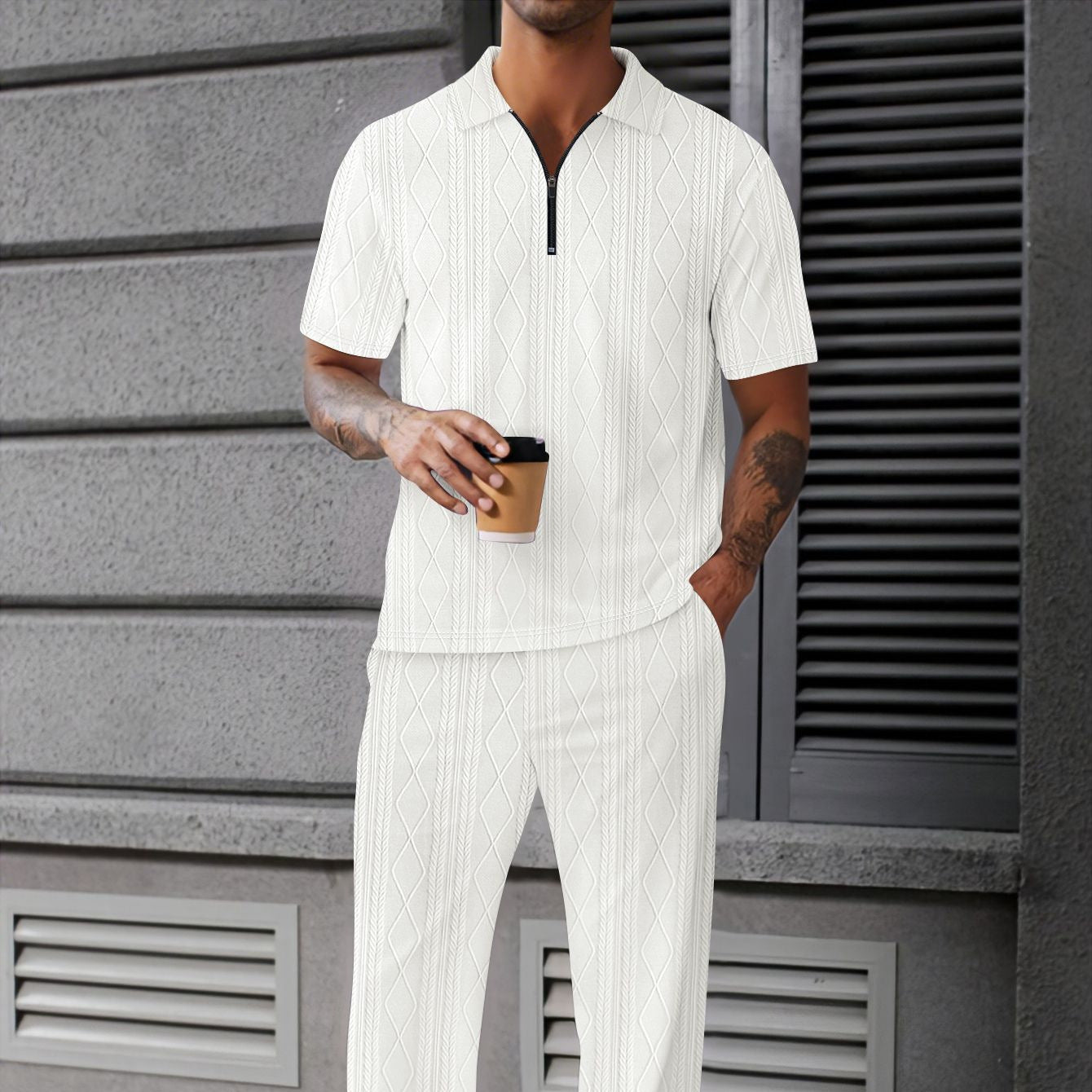 Herren Jumpsuit Kurzarm Strukturiert Zipper Design Modern