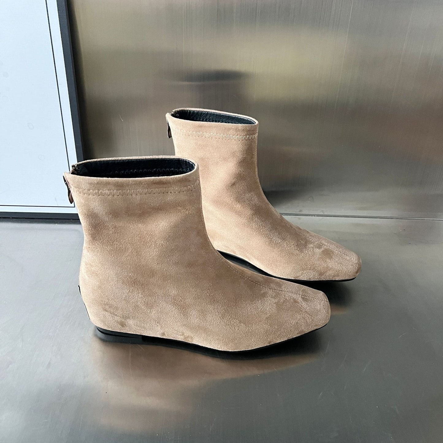 Damen Ankle Boots Wildleder Reißverschluss Schwarz Stiefel