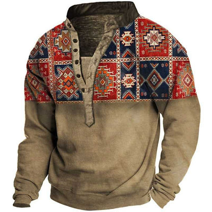 Herren Fleece Pullover Ethno Muster Knopf Detail Modern - BerlinGlamour