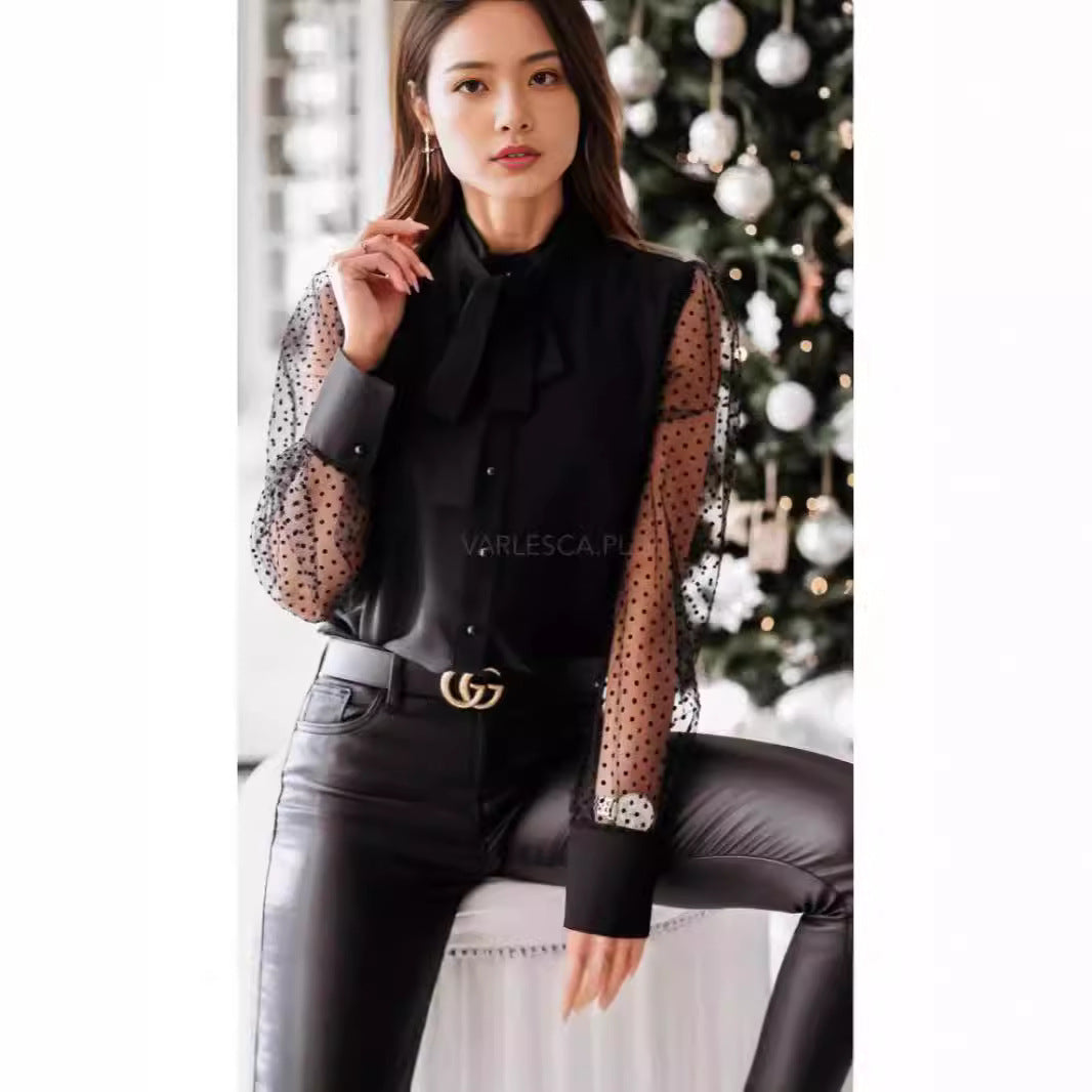 Damen Bluse Transparent Ärmel Elegante Bluse mit Schleife