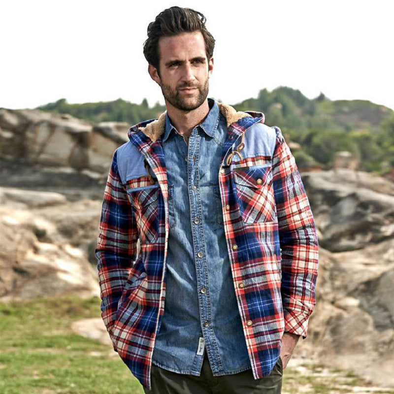 Herren Flanelljacke Warm mit Fleece Futter und Kapuze